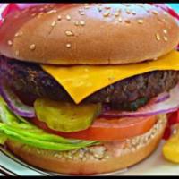 Cheese Burger · Served with onions, lettuce, tomato, pickle and 1000 Island dressing.