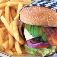 Avocado Bacon Cheese Burger · Served with onions, lettuce, tomato, pickle and 1000 Island dressing.