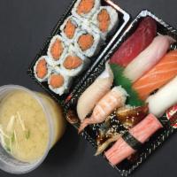 Nigiri Combo · 8 pieces of nigiri sushi and 8 pieces of spicy tuna maki. Served with miso soup.
