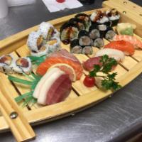 Miyuki Boat · Chef's specialty combination of 4 pieces nigiri and 8 pieces of sashimi and 21 pieces maki: ...