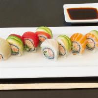 Rainbow Mark · Crab stick, tobiko, cucumber and mayo topped with layer of tuna, salmon, white fish and avoc...