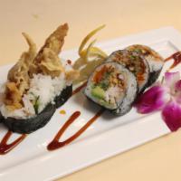 Spider Maki · Deep fried soft shell crab, avocado, cucumber and tobiko serve with spicy mayo.
