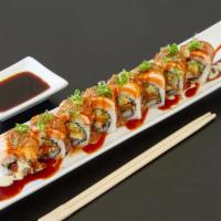 Salmon Torched Maki · Eel, tobiko, cucumber, tempura crumb and spicy mayo topped with torched salmon serve with sp...