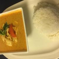 2. Red Curry Lunch · With bamboo shoot, bell pepper, and basil in red curry sauce. Served with rice.
