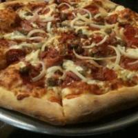The 84 Pizza · BBQ chicken. No sauce base. Mozzarella, fresh grilled chicken and red onions, generously top...