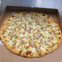 Da Island Style Pizza · Mozzarella cheese, Kalua pig, Spam, pineapple, tomatoes and green onions over a garlic and o...