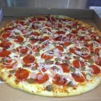 The Grrizzz Pizza · Mozzarella cheese, pepperoni, sausage, ham, bacon and onions over a tomato sauce base.