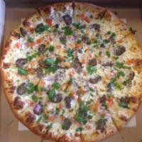 Kababaronni Pizza · Garlic and oil base. Mozzarella cheese, kebab meat, red onion, tomato then topped after bake...