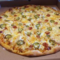 Chilli Cheese Fries Pizza · Mozzarella cheese, cheddar cheese, jalapenos, linguica and french fries over chili con carne...