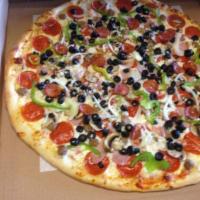The Whole Schmear Pizza · Mozzarella cheese, pepperoni, sausage, linguica sausage, ham, green peppers, onions, mushroo...