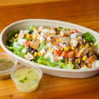 Healthy Chickfu · All-natural chicken, tofu, corn and grilled squash medley and cilantro lime vinaigrette. Ser...