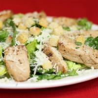 Grilled Chicken Caesar Salad · Chicken breast, romaine lettuce, shredded Parmesan, croutons, and Caesar dressing.