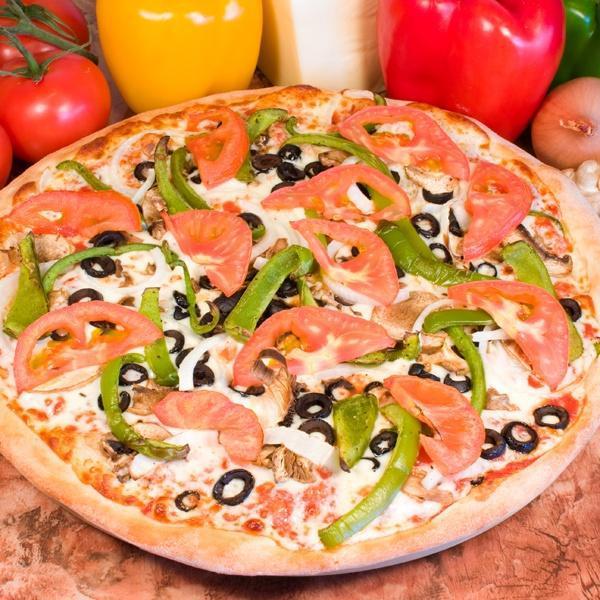 Veggie Pizza · Mushrooms, green peppers, tomatoes, onions and black olives.