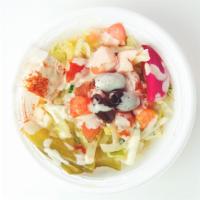 Mamoun's Salad · Lettuce, tomatoes, onions, pickles, pickled turnips, olives, feta cheese, grape leaf, lemon ...
