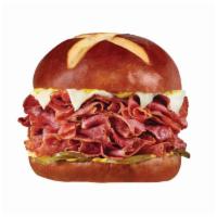 #71 Pretzelrami · Over a 1/4lb. of our world famous pastrami with melted white provolone cheese, yellow mustar...