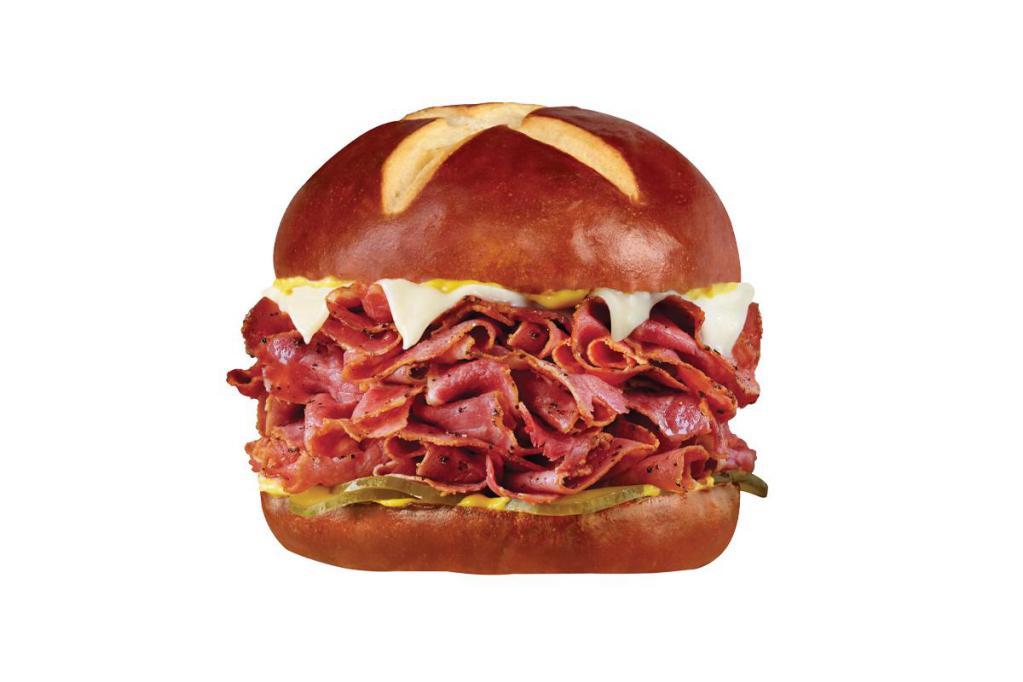 #71 Pretzelrami · Over a 1/4 lb. of our world famous pastrami with melted provolone cheese, yellow mustard, and crisp pickles