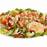 Mediterranean Chicken Salad · Chicken, mixed greens, hummus, feta, roasted red peppers, cucumbers, tomatoes, red onions & ...