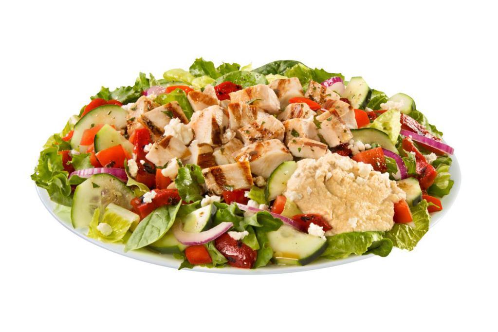 Mediterranean Chicken Salad · Chicken, mixed greens, hummus, feta, roasted red peppers, cucumbers, tomatoes, red onions & Balsamic dressing on side