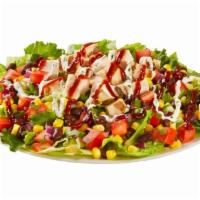 BBQ Ranch Chicken Salad · Chicken, mixed greens, diced tomatoes, black bean & corn salsa with BBQ Sauce and Ranch dres...