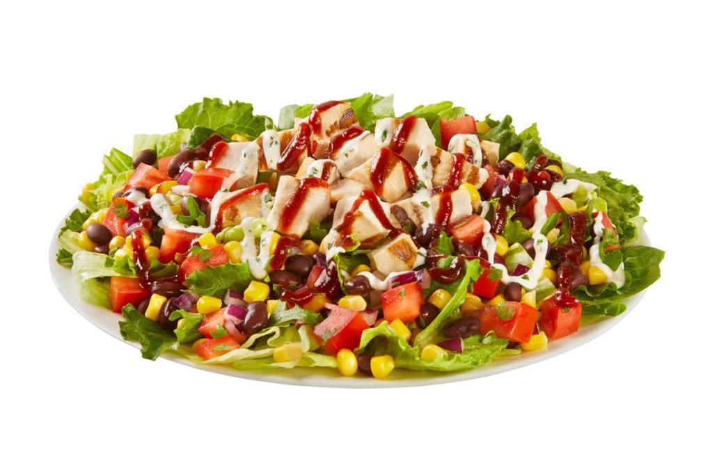 BBQ Ranch Chicken Salad · Chicken, mixed greens, diced tomatoes, black bean & corn salsa with BBQ Sauce and Ranch dressing.