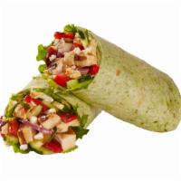 Mediterranean Chicken Wrap · Chicken, mixed greens, hummus, cucumbers, roasted red peppers, feta, tomatoes, red onions & ...