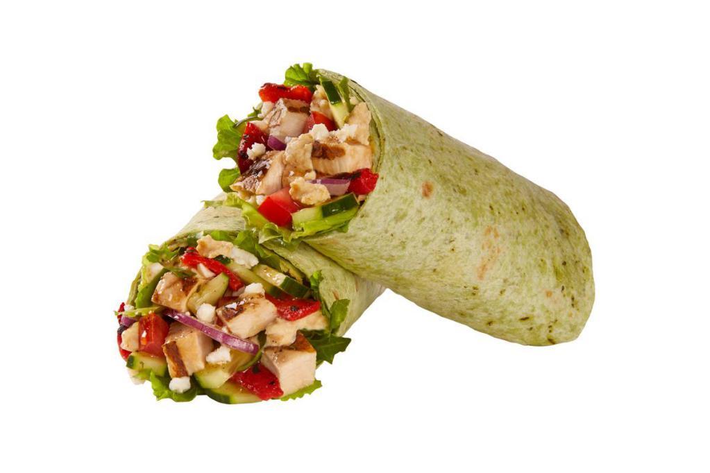 Mediterranean Chicken Wrap · Chicken, mixed greens, hummus, cucumbers, roasted red peppers, feta, tomatoes, red onions & Balsamic dressing, wrapped in a spinach tortilla.