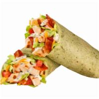 Bacon Ranch Chicken Wrap · Chicken, bacon, cheddar cheese, lettuce and tomatoes, with Ranch dressing, wrapped in a spin...