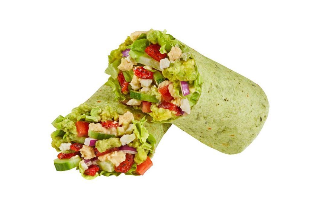 Ultimate Veggie Wrap · Avocado, hummus, cucumbers, feta, roasted red peppers, lettuce, tomatoes and red onions with Ranch dressing, wrapped in a spinach tortilla