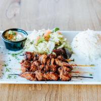 Beef Shish Platter · Charbroiled beef.  Served with rice, salad, hummus and pita bread. 