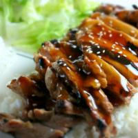 E1. Chicken Teriyaki · Broiled chicken thigh served with teriyaki sauce. Served with miso soup, house salad, and ri...