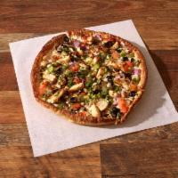 C4. Indian Garlic Chicken Pizza · Garlic sauce, cheese, mushrooms, red onion, bell pepper, black olives, tomatoes, garlic, gin...