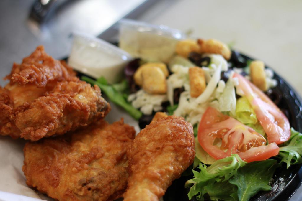 3 Piece Fried Chicken · 3 pieces fried chicken breast, thigh and drumstick. Served with a side choice: french fries, Ceasar salad or spring salad.
