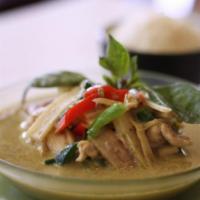 Green Curry · Your choice of meat in coconut green curry sauce with eggplant, bamboo shoots, bell peppers ...