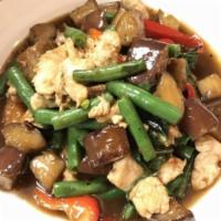 Eggplant Lover with Chicken · Stir fried eggplant, bell pepper, basil leaf and garlic chili sauce.