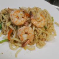 Yaki Shrimp · Stir fried shrimp, cabbage, carrot, snow pea, onions, green peppers, and red peppers.