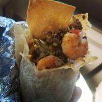 Shrimp and Steak Burrito · 8 shrimp with carne asada, pico de gallo, chipotle mayo, rice and black beans, and with chip...