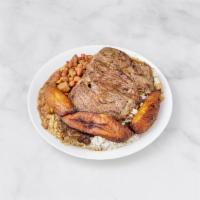 Carne Asada/Grilled Steak · Grilled steak. Rice, salad, beans and ripe fried plantains. 