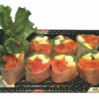 20. Spicy Tuna Spring Roll · Spicy tuna, avocado, lettuce, cucumber, tempura flakes and sesame oil with rice paper.