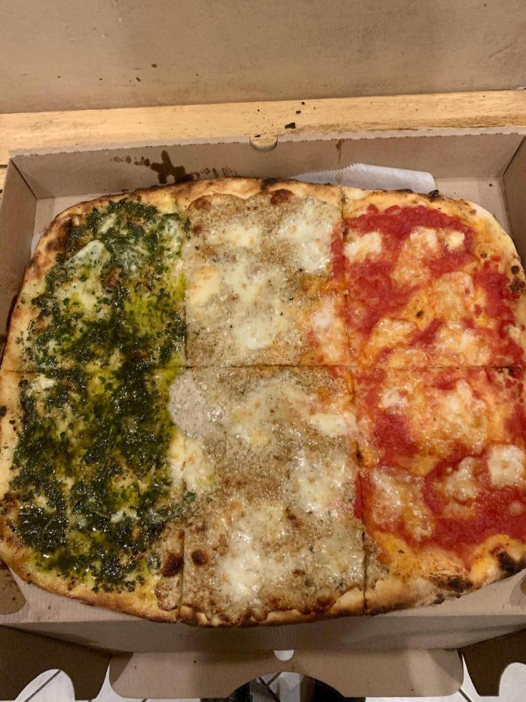 SPECIAL: PIZZA TRICOLORE ( ITALIAN FLAG ) 18 inches only LARGE · Pizza Italian flag 1/3 Margherita 1/3 Cacio e Pepe 1/3 Pesto sauce New signature Pizza ?
