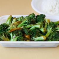Broccoli in Garlic Sauce · Served with white rice. Hot and spicy.