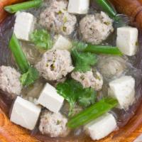 Glass Noodle Soup · Clear broth served with glass noodles, ground pork, tofu, carrots and napa cabbage.