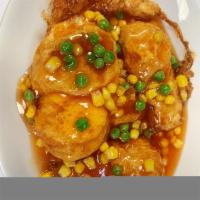 Sweet and Sour Fried Egg  · Fried egg with homemade sweet and sour sauce, with  corn and pea topped. 