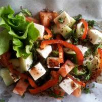 6. Summer Salad · Tomatoes, cucumber, fresh mozzarella, bell peppers and fresh mint with Home made pomegranate...