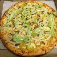 The Big Mack Pizza · Hamburger, lettuce, onions, pickles over a Thousand Island base. Sooo goood!