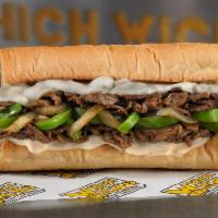 Philly Cheesesteak · Thinly sliced steak, caramelized onions, sauteed bell peppers and melted provolone on a toas...