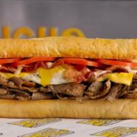 Brunchwich® · Rotisserie roasted beef & lamb gyro slices, smoked bacon, American cheese, tomatoes, house-m...