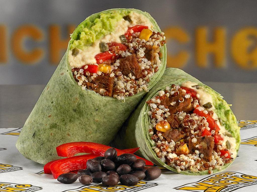 Superfood Wich™ · Vegan black bean patty, fresh avocado, jalapeno hummus, roasted red peppers and quinoa wrapped in a spinach tortilla.