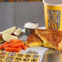 Kid's Super Awesome Grilled Cheese · Melted mozzarella and cheddat cheese on white bread.  Includes kids sandwich, apple slices, ...