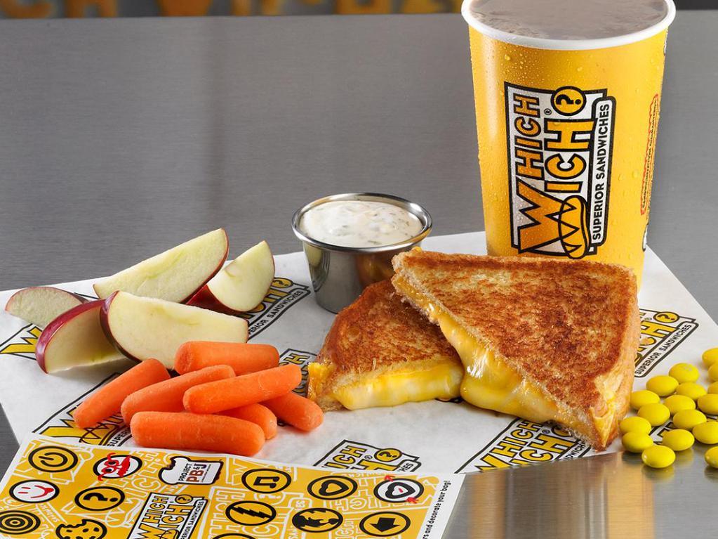 Kid's Super Awesome Grilled Cheese · Mozzarella, cheddar and butter on toasted white bread, carrots, apple, drink & M&M's.