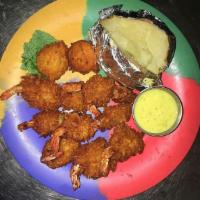 Coconut Shrimp · Includes hushpuppies and your choice of side.